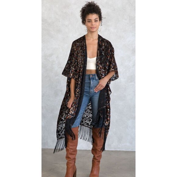 Cato Womens Multicolor‎ Floral Velvet Burnout Fringe Kimono Open Front One Size - Picture 1 of 14